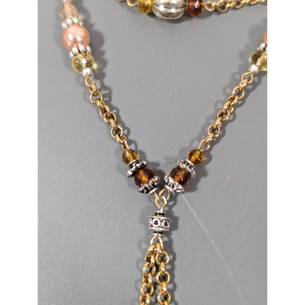 Avon Double Chain‎ Lariat Amber Color Beaded Necklace Elegant Chic 19 in - Picture 5 of 12